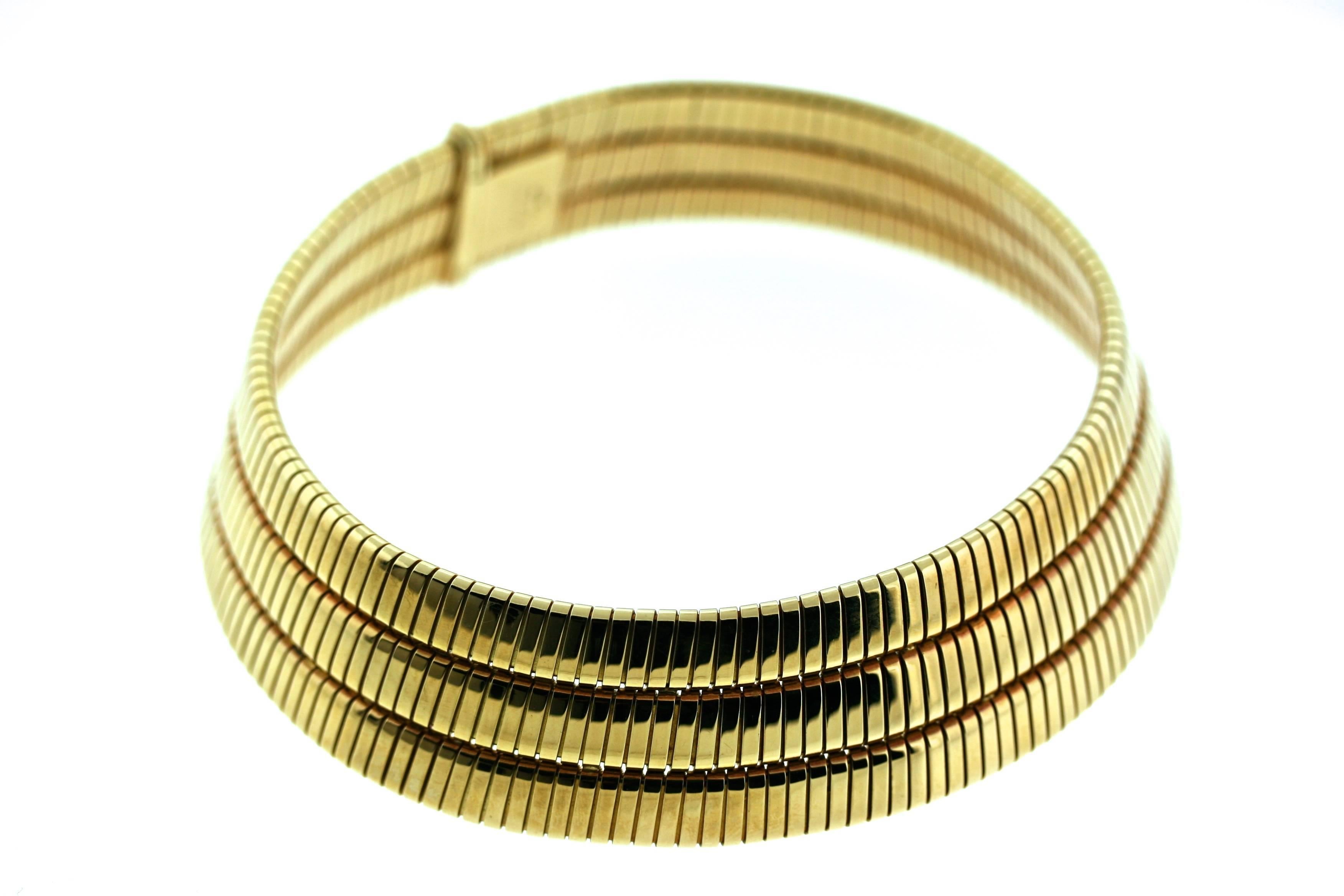 Bulgari Triple Row Gold Tubogas Choker Necklace In Excellent Condition In New York, NY