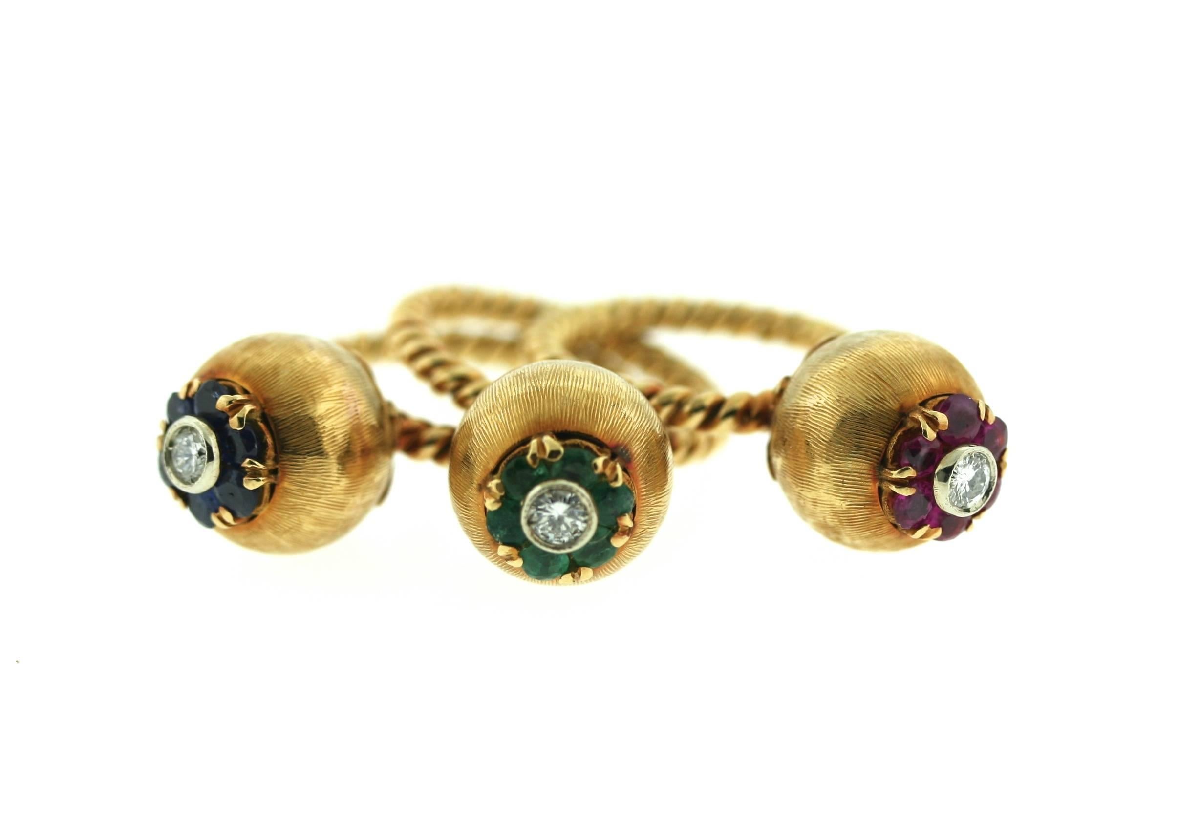 1960s Set of Three Gem Set Diamond Gold Rings In Excellent Condition For Sale In New York, NY