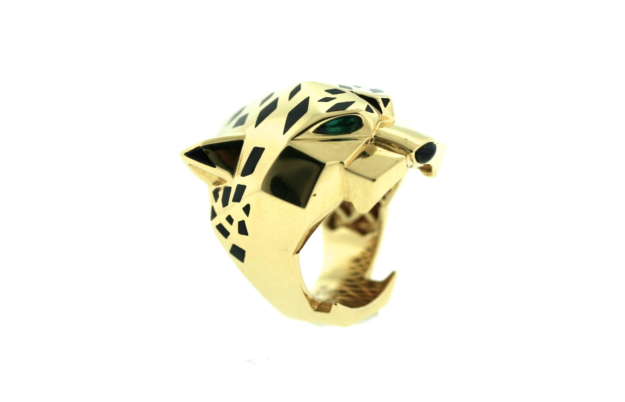 Women's or Men's Cartier Enamel Onyx Peridot Gold Panthere Ring