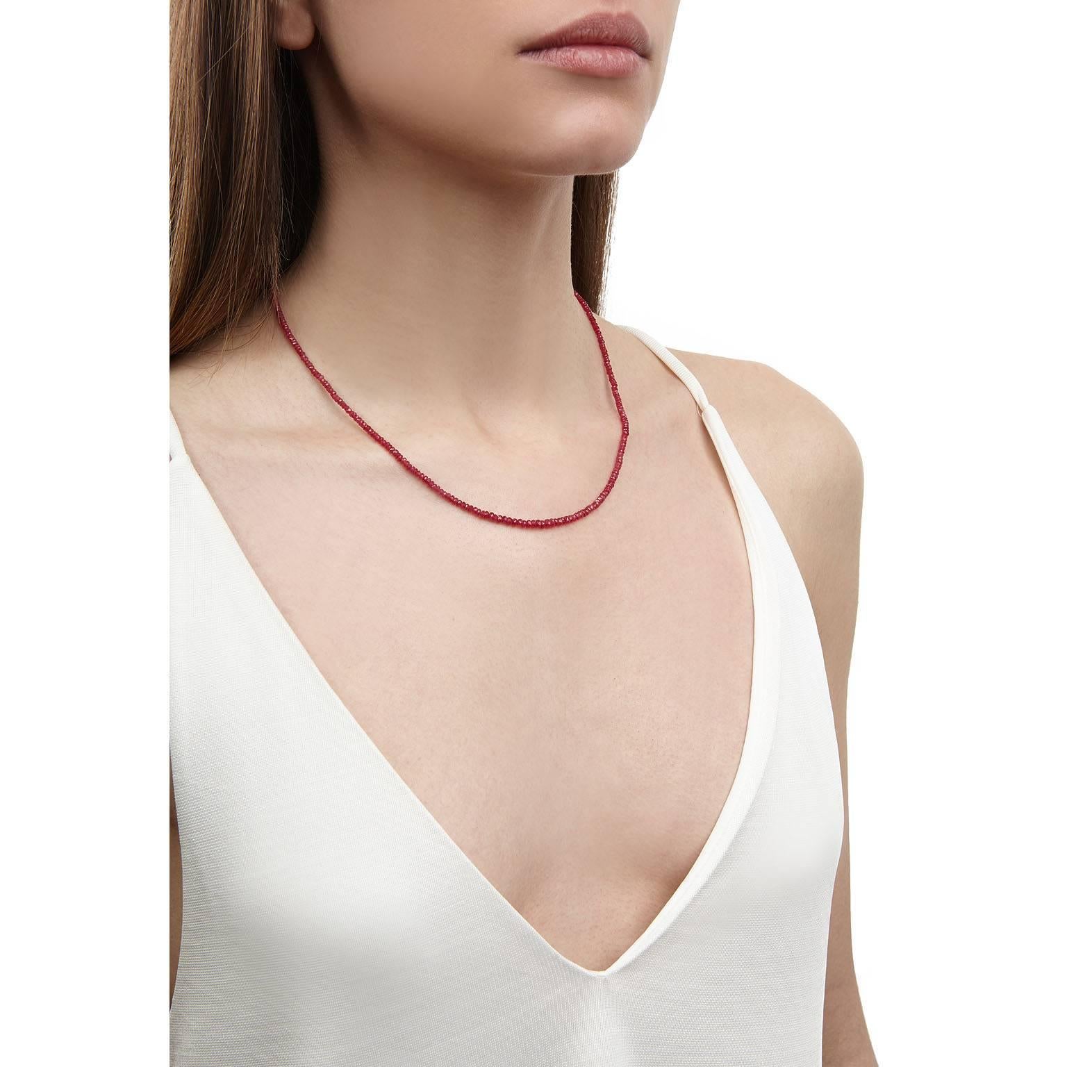 A beautifully strung necklace of faceted ruby beads, brings a subtle hit of colour to everyday outfits. Wear it on its own or layered with other necklaces for a more bohemian look. 

An innovative detail of this necklace is the clasp bearing