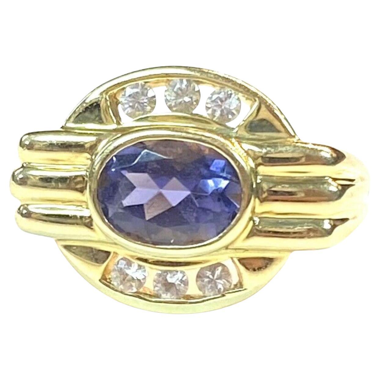 Purple Tanzanite 14K Yellow Gold and Diamond Ring For Sale 2