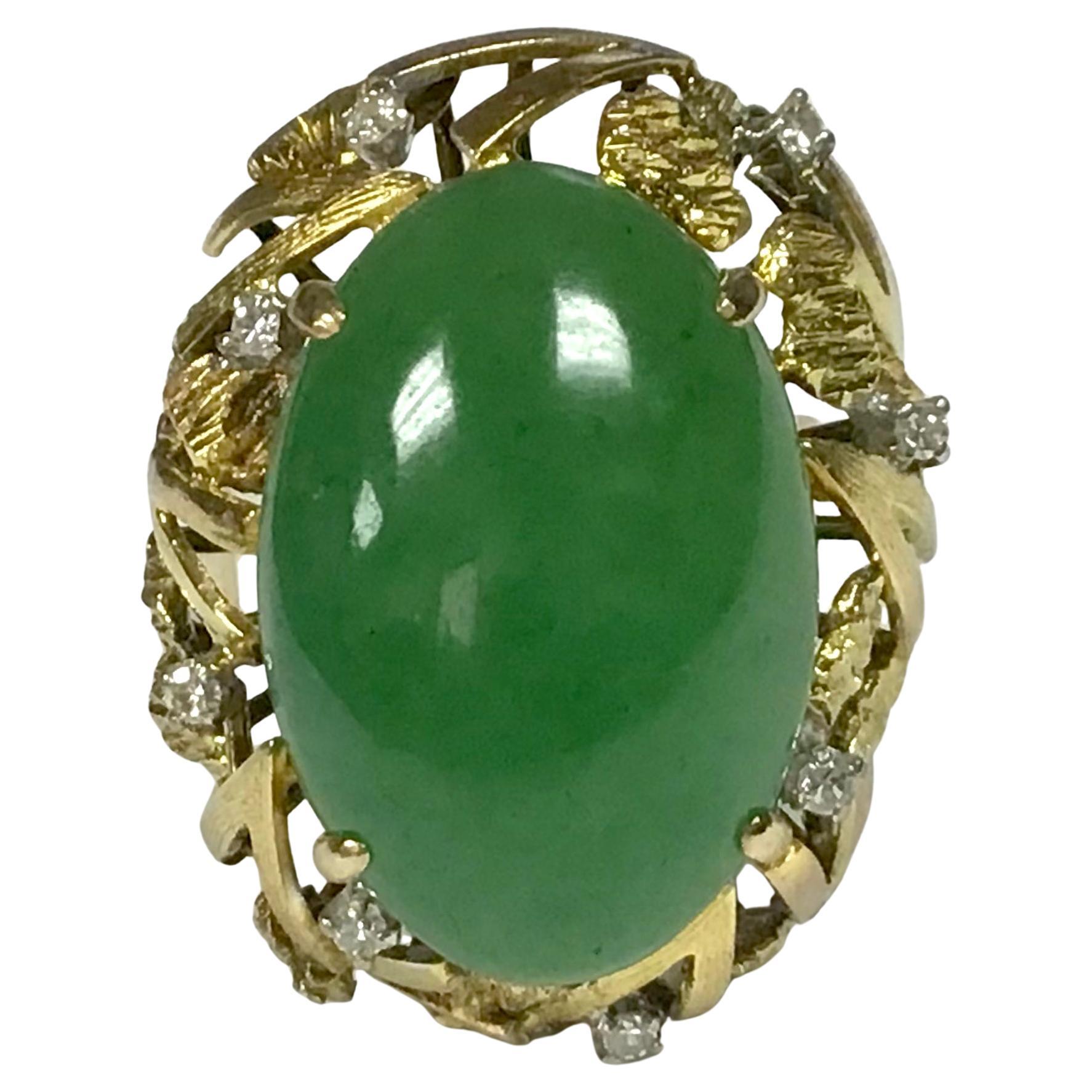 Cabochon Jade and Diamond Cocktail Ring, 14K Yellow Gold For Sale