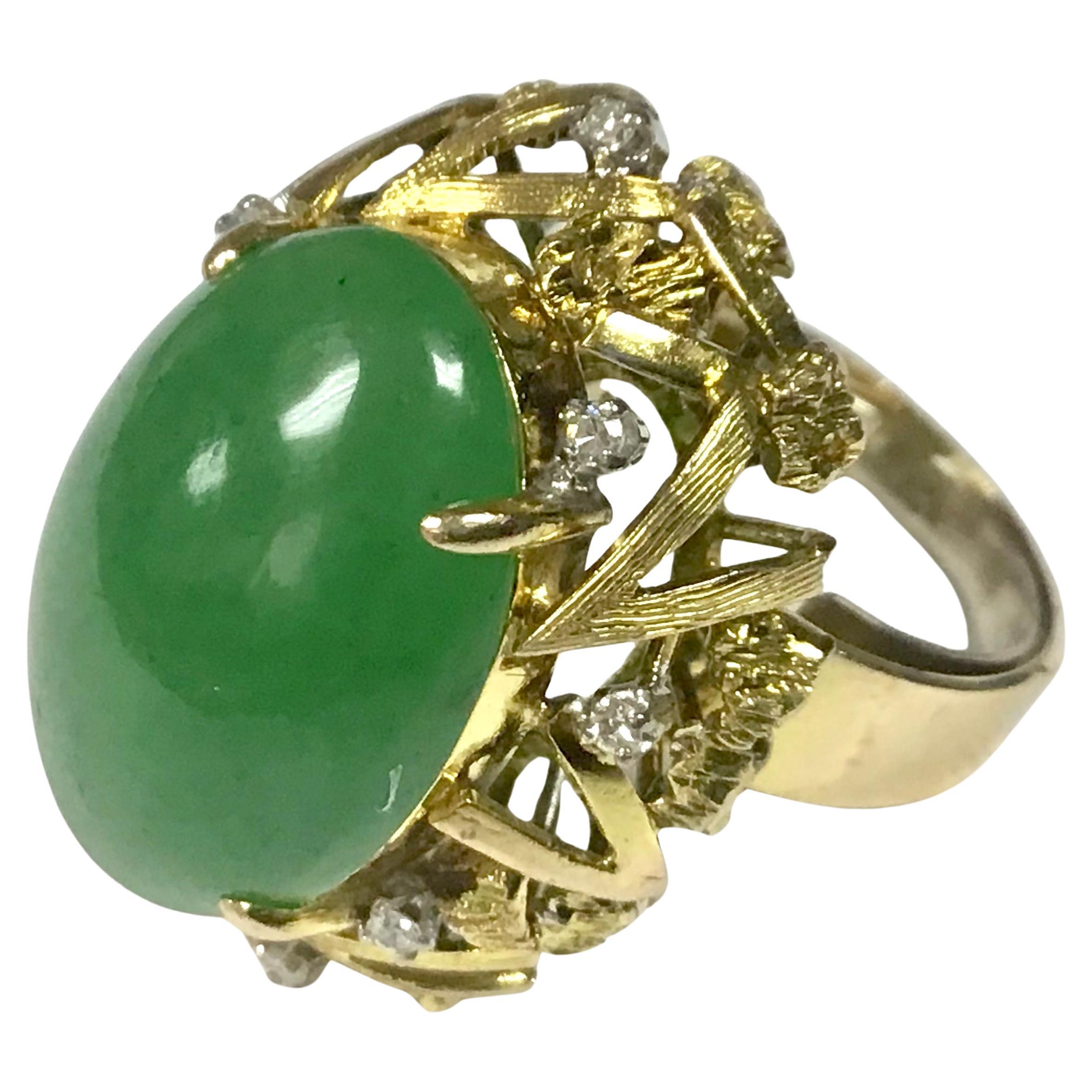 Women's Jade and Diamond Cocktail Ring, 14K Yellow Gold For Sale
