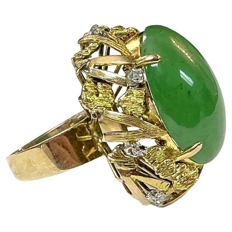 14k yellow gold jade and diamond cocktail ring, 11.00 Grams TW. Approximately 10 Carats.
Tested 14k.  Approximate size 4.5.