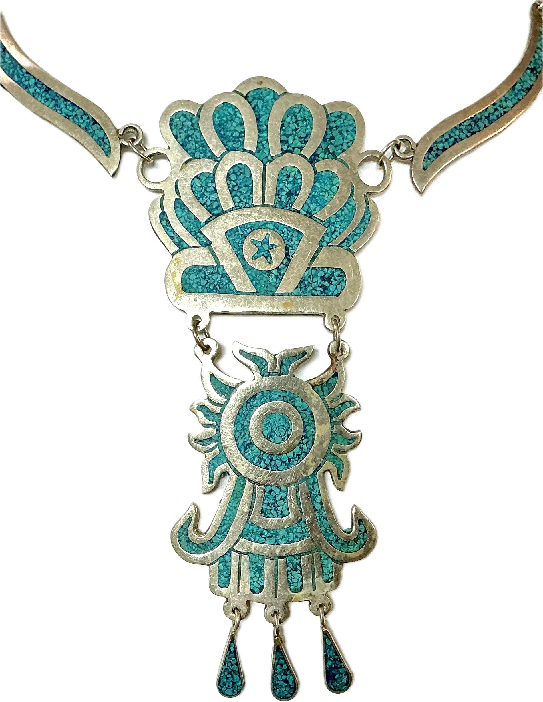 Grezzo Collana con intarsio di alpaca messicano in argento sterling e turchese in vendita