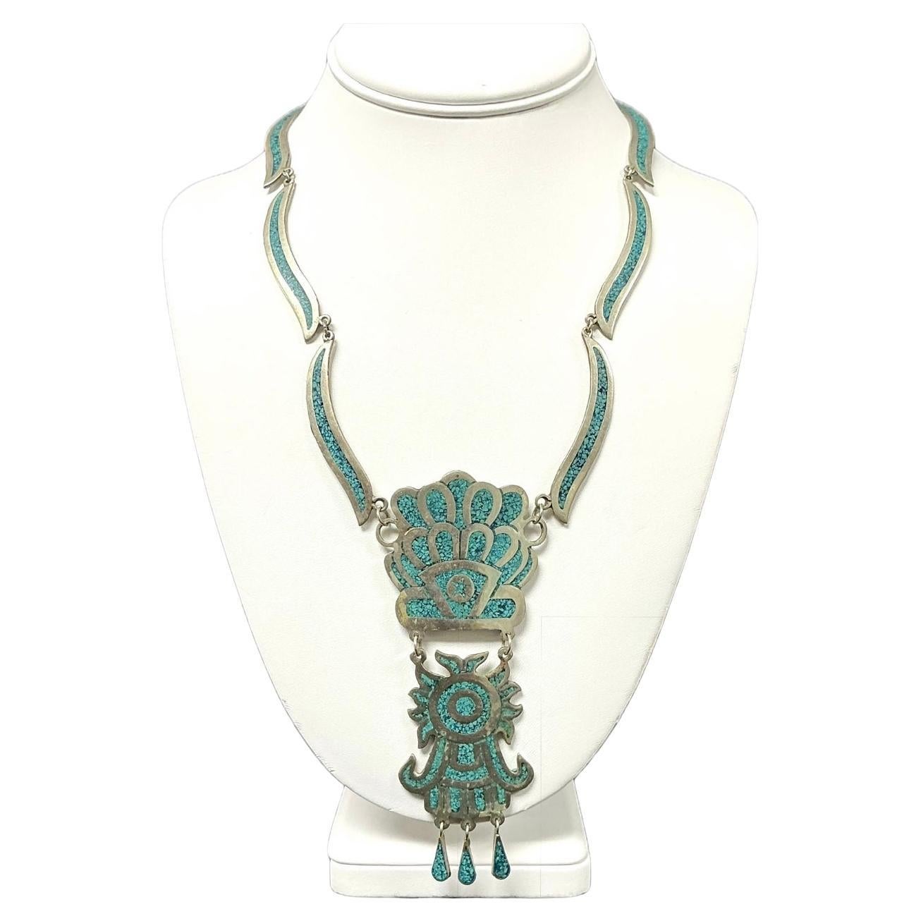 Collana con intarsio di alpaca messicano in argento sterling e turchese in vendita