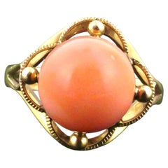 18K Gold Angel Skin Coral Cabochon Cocktail Ring Vintage