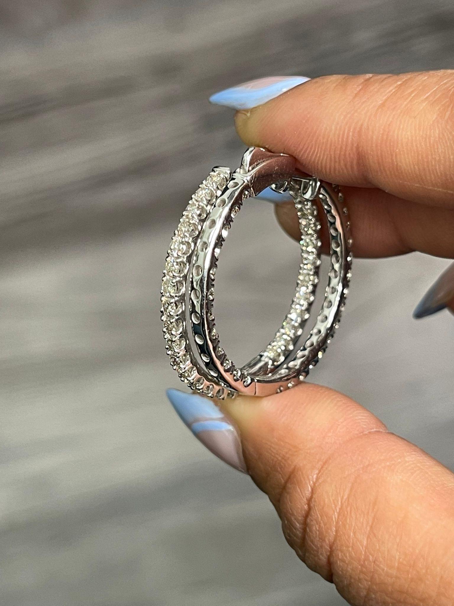 Women's or Men's 14k White Gold Hoop Earrings Natural Diamonds, 2 Carat For Sale