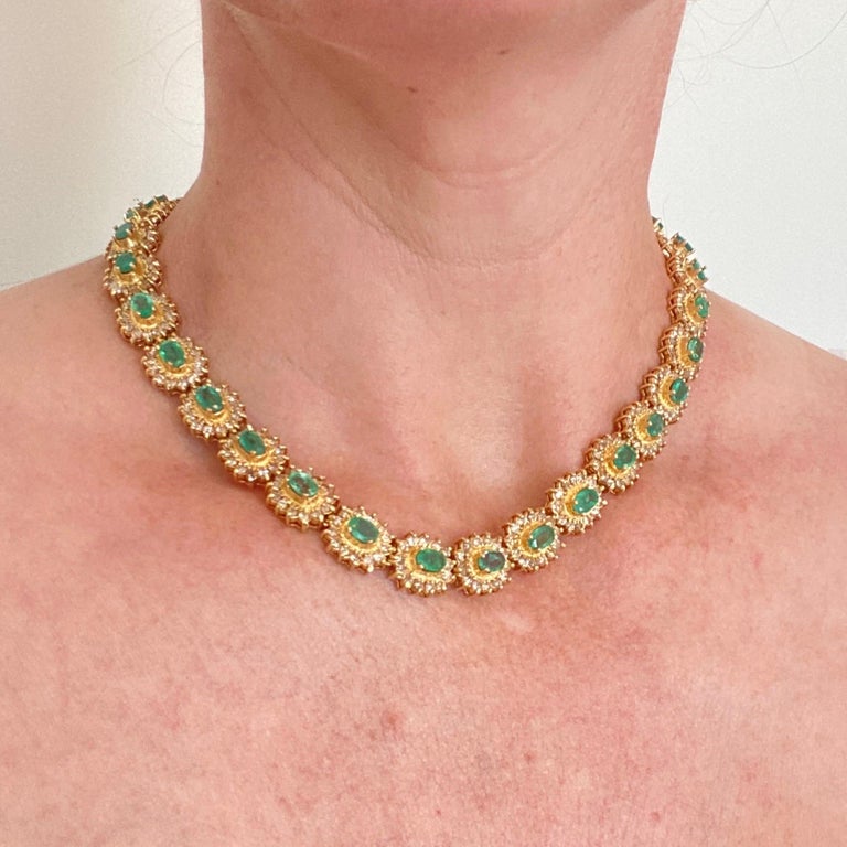 6.72 Carat Emerald and Diamond 14K Yellow Gold Statement Necklace, 16