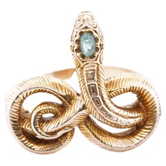 14K Yellow Gold Snake Ring with Emerald Eye, Cocktail Ring