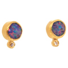 Bright Rainbow Opal Stud Earrings with Diamonds, Solid 24K by Kurtulan