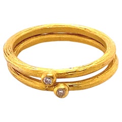 24K Solid Yellow Gold Stacker Ring with Single Diamond, Handmade in Istanbul