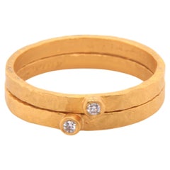 24K Solid Gold Hammered Textured Bridal Stacker Rings with Diamond