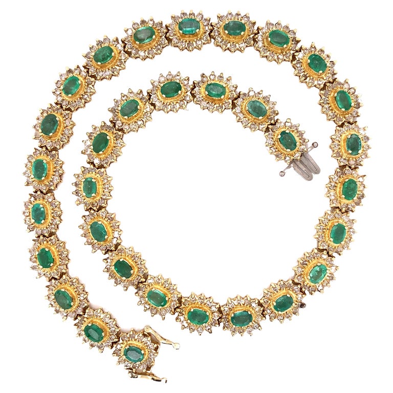 6.72 Carat Natural Emerald & 16.32ct Sl1 Diamond 14K Gold Platinum & SS Necklace For Sale