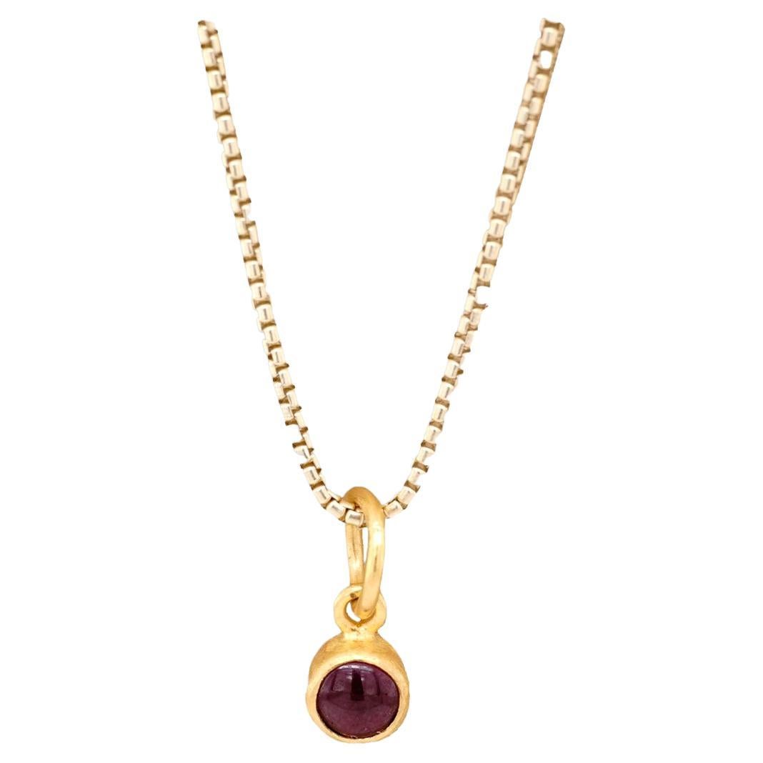 24K Gold Round Smooth Red Garnet Miniature Pendant Necklace, January Birthstone For Sale