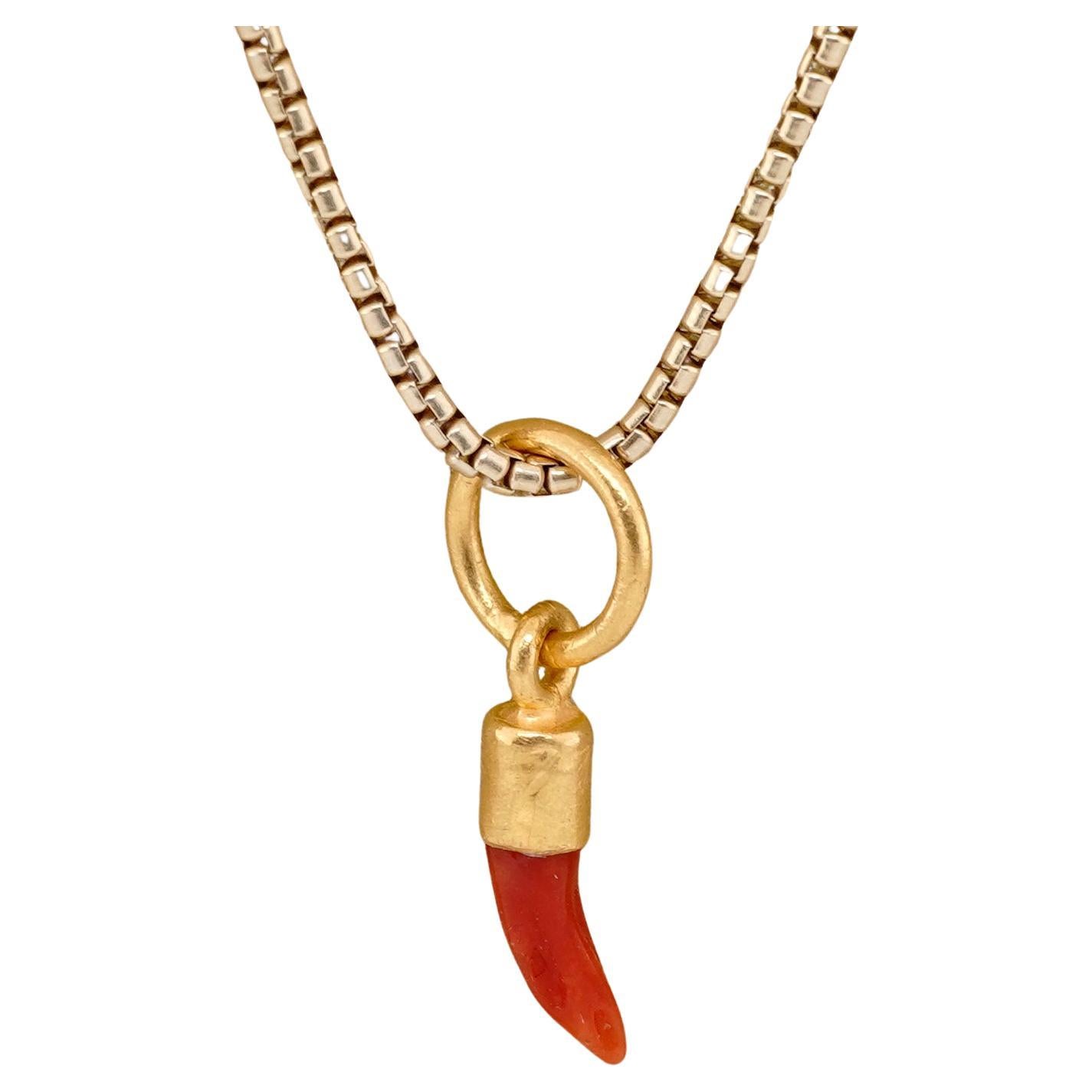 Mini Bright Red Raw Coral Charm Pendant Necklace, 24K Yellow Gold