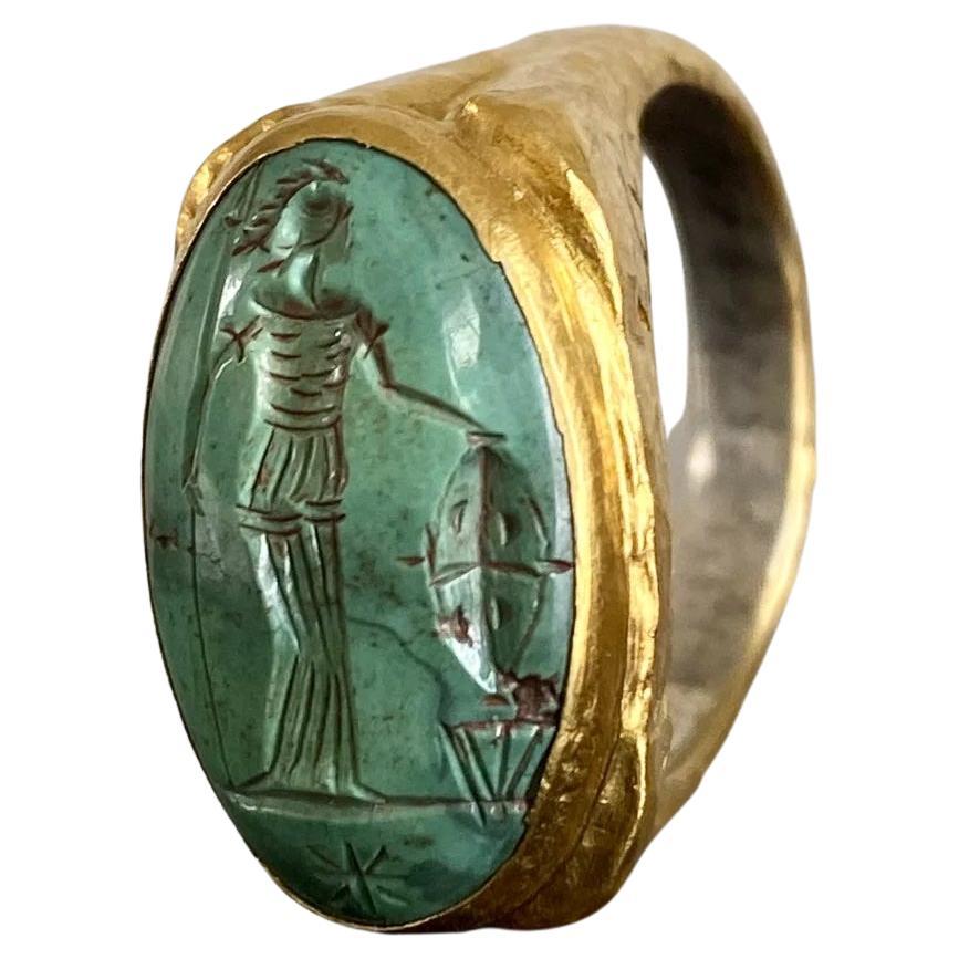 Greek Goddess w/ Vase Carved Green Turquoise Cocktail Ring, Hammered 24K Gold