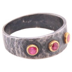 Triple Ruby 24K & Silver Ring with Hammered Textured Band