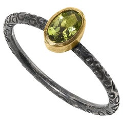 0.50 Carat Bright Oval Green Peridot with 24K Gold and Silver Textured Ring