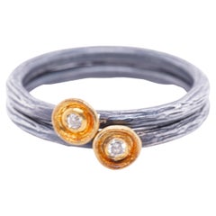 Delicate 24K Yellow Gold Circle Ring with Diamond & Silver Ring