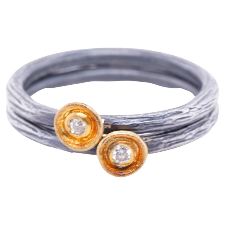 Delicate 24K Yellow Gold Circle Ring with Diamond & Silver Ring For Sale