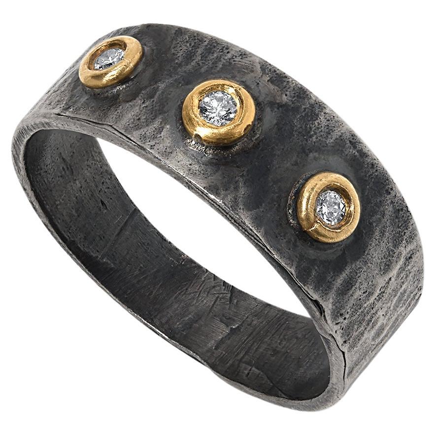 0.06 Carat Triple Diamond 24K & Silver Stacker Ring w/ Hammered Textured Band For Sale