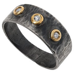 0.06 Carat Triple Diamond 24K & Silver Stacker Ring w/ Hammered Textured Band