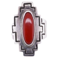 Navajo Bright Red Oval Coral Sterling Silver Aztec Native American Ring