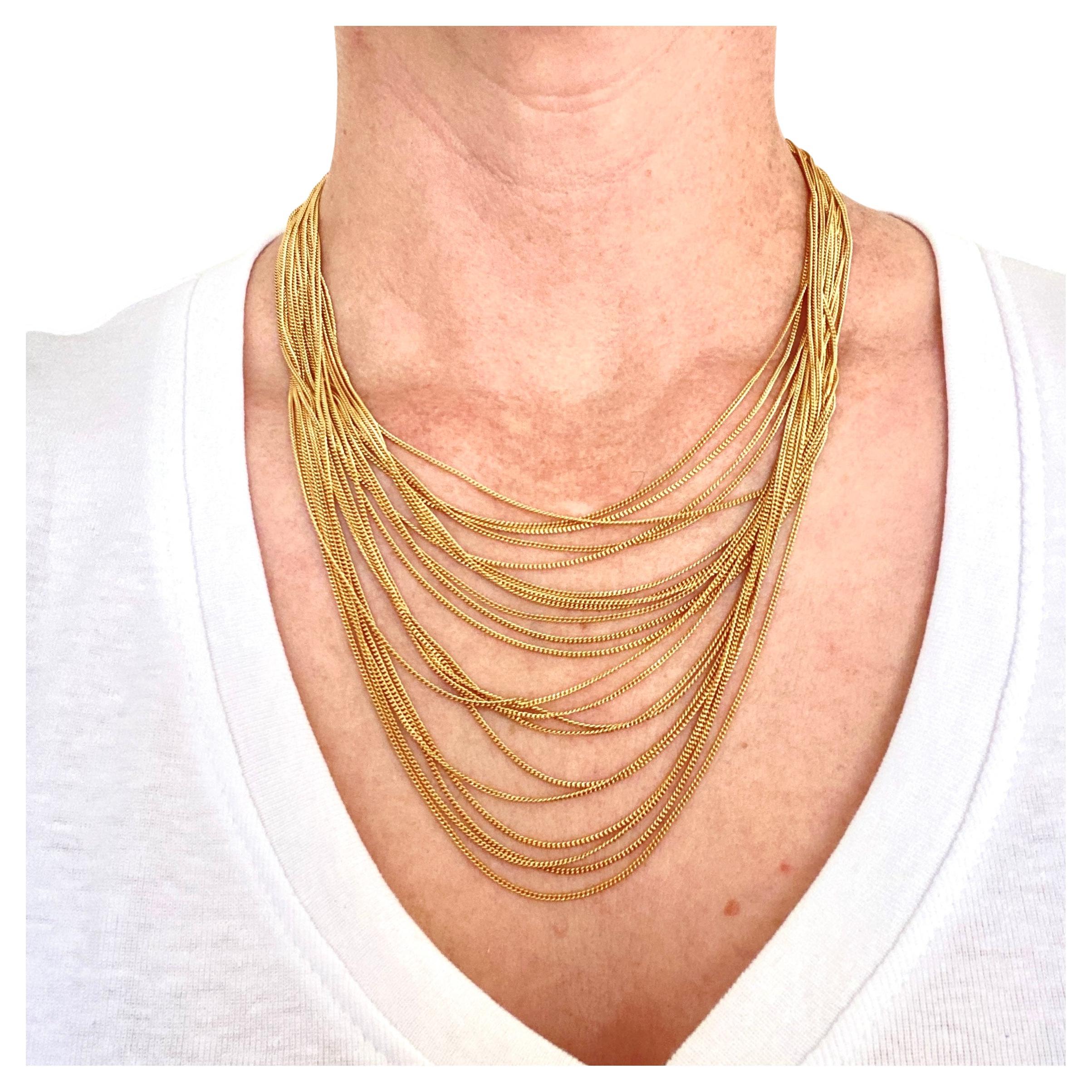 Fine, 14kt yellow gold vermeil chain drapes 16 to 21 inches. Necklace length: 18 Inches
Materials: spring ring clasp, artist tag, stamped Ashley Childs, layered chain, simple, 14kt yellow gold, gold filled chain, layered delicate, romantic lovely