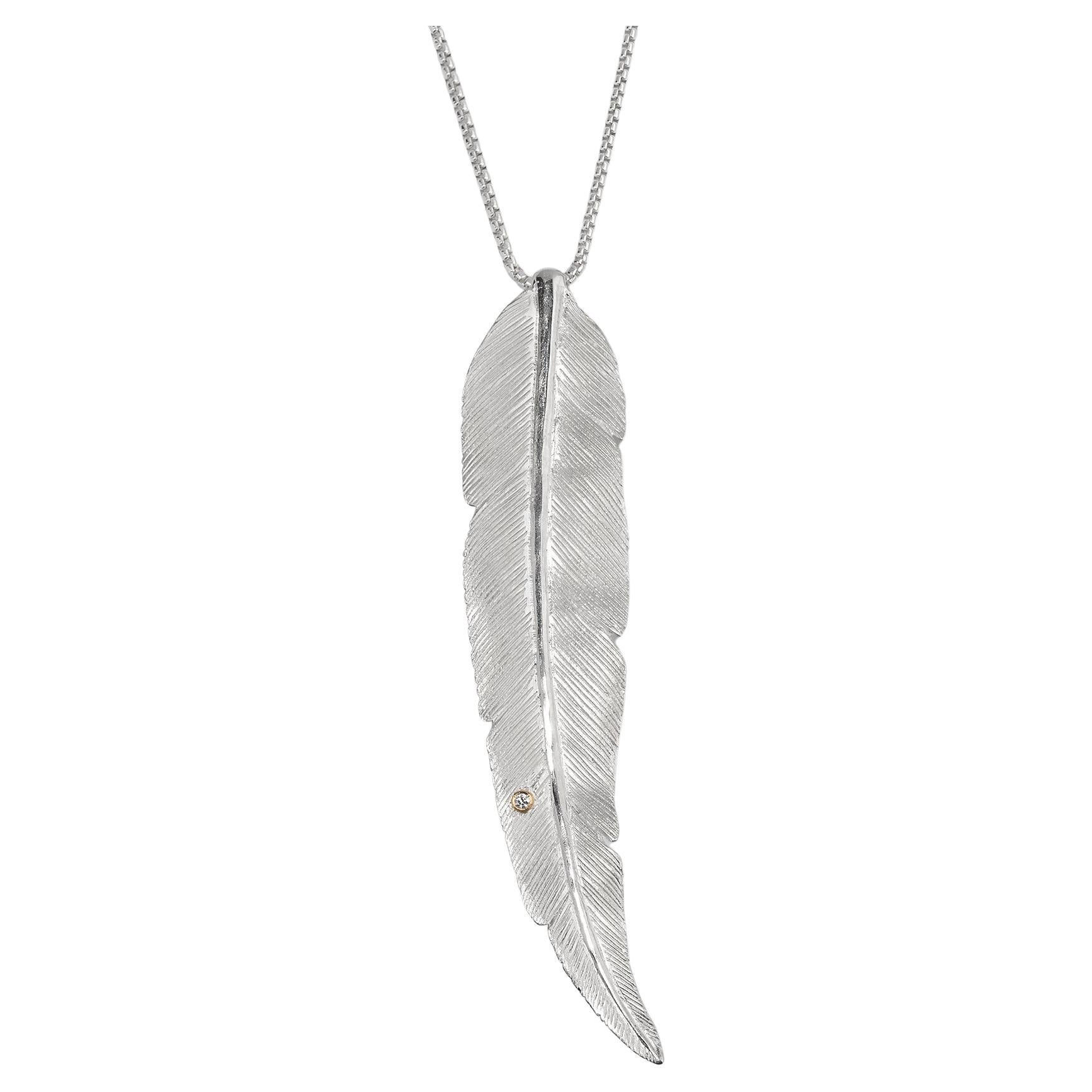 Large Sterling Silver Detailed Bird Feather Pendant w/ Diamond Detail For Sale