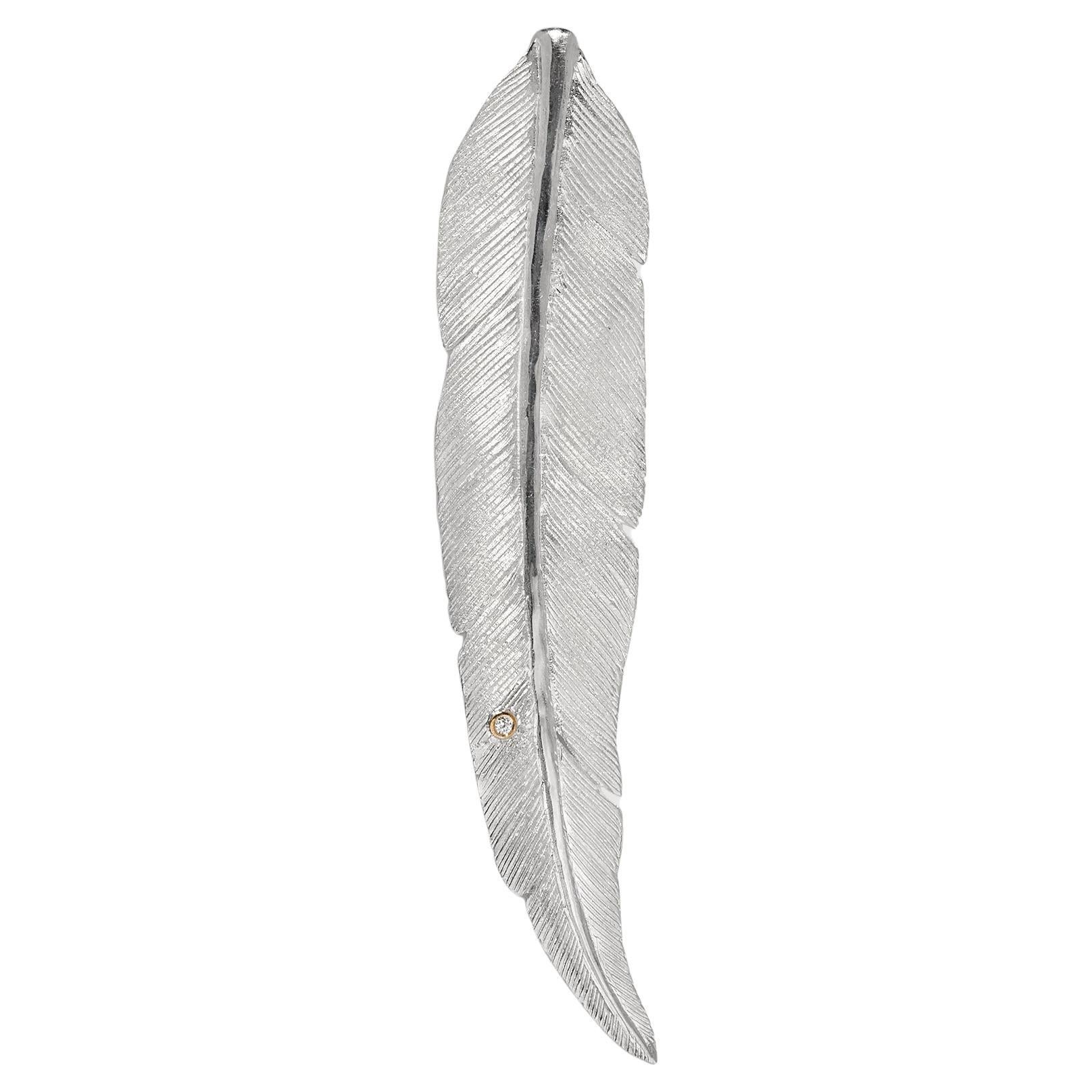 Large Sterling Silver Detailed Bird Feather Brooch with 18K Gold Diamond Detail For Sale