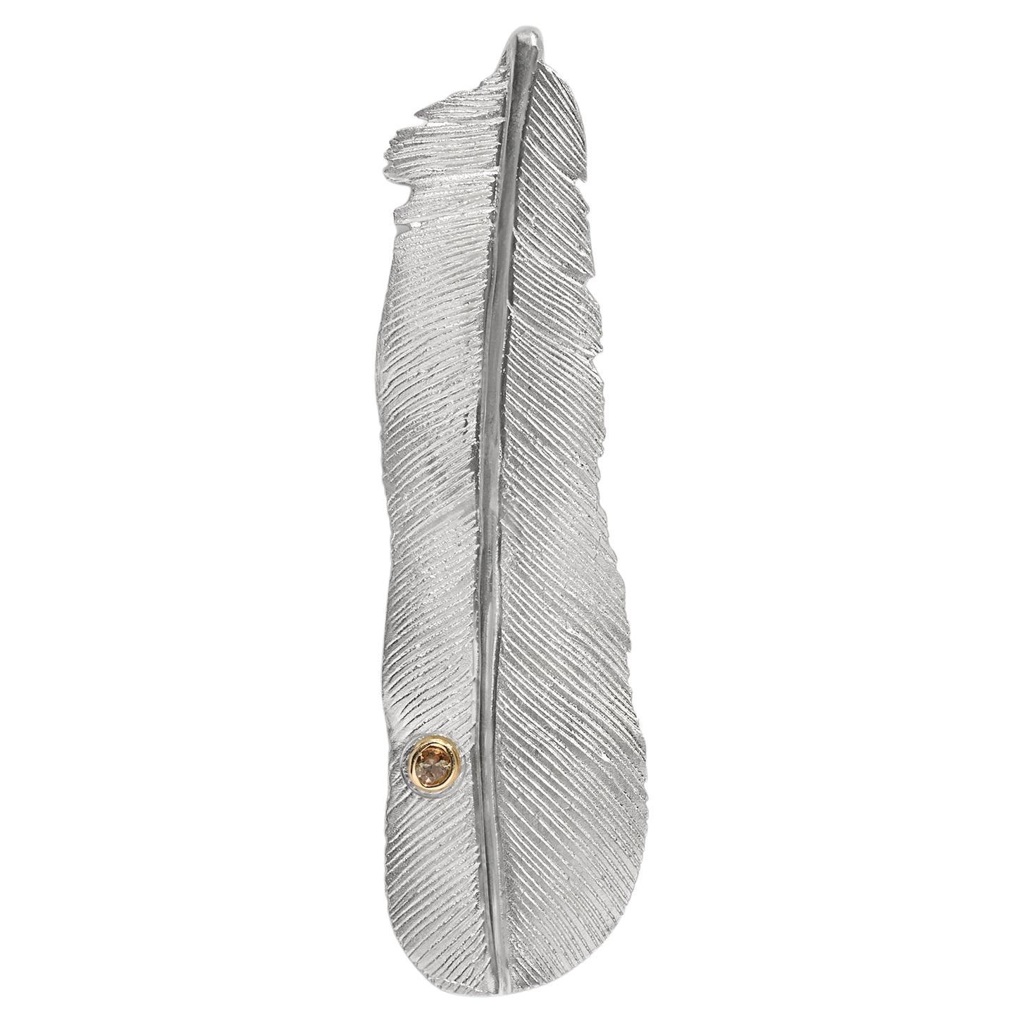 Medium Sterling Detailed Bird Feather Brooch Andalusite Detail Set in 18K Gold