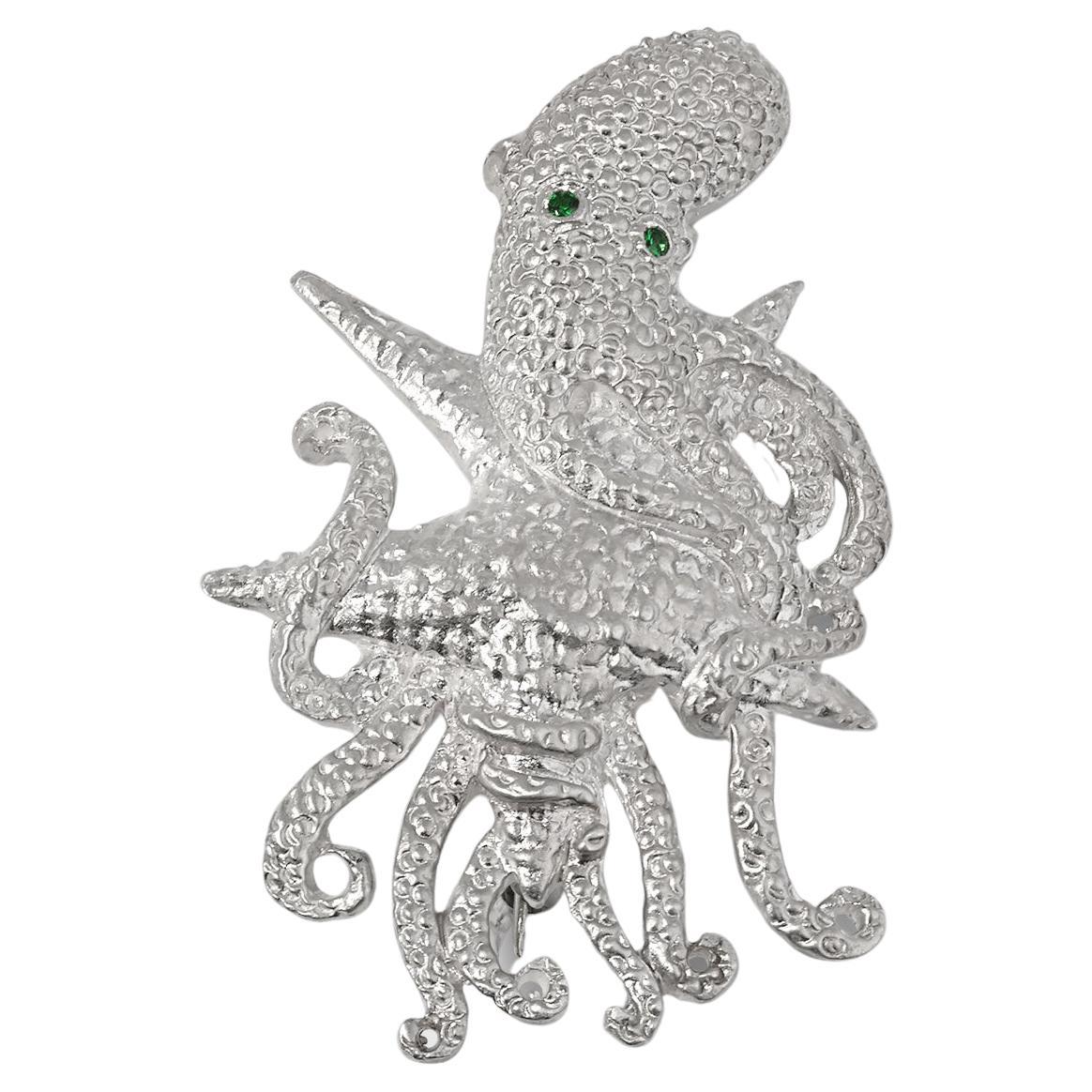 Stunning Sterling Detailed Octopus Brooch Pin w/ Bright Green Tsavorite Eyes For Sale