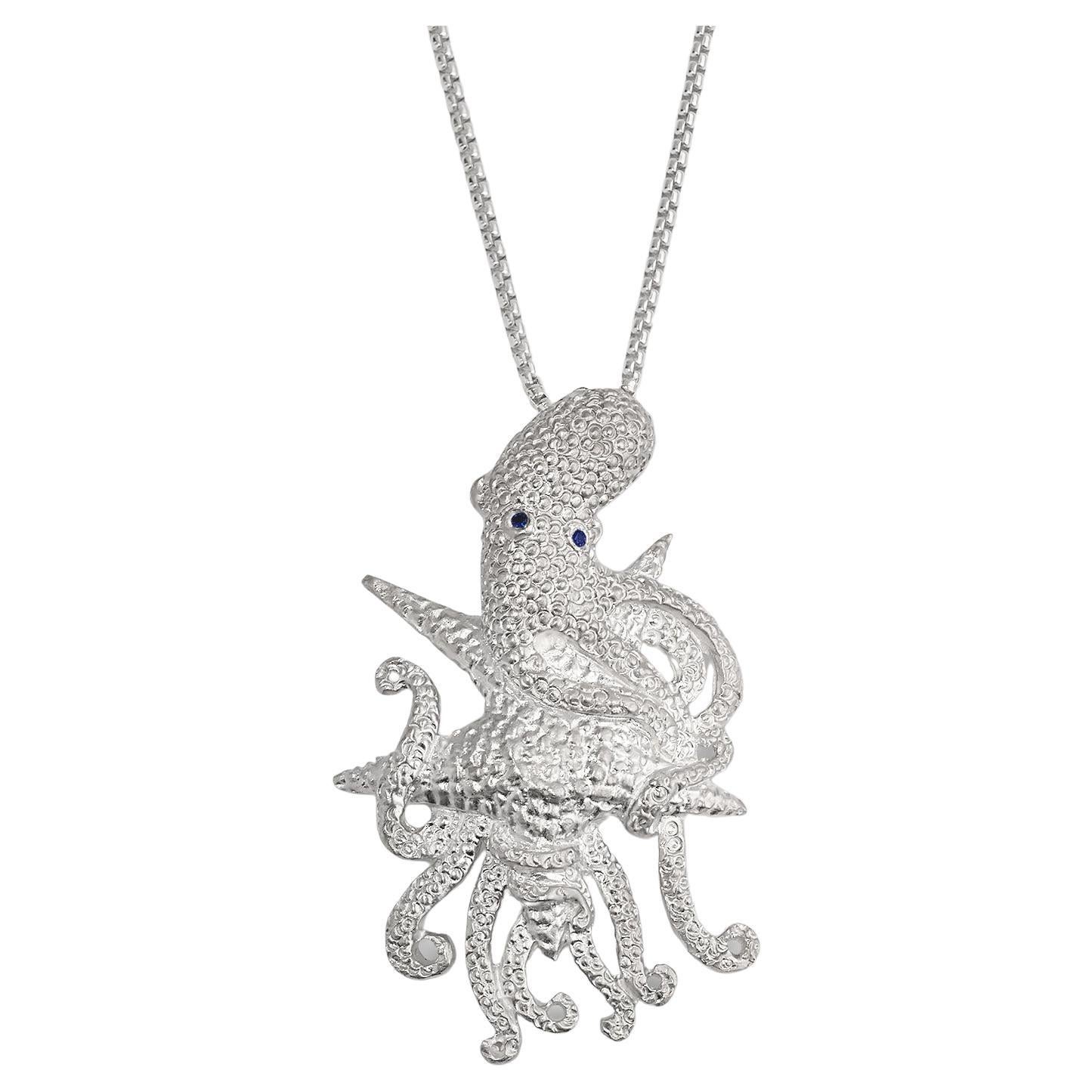 Stunning Sterling Silver Detailed Octopus Pendant Necklace w/ Blue Sapphire Eyes For Sale