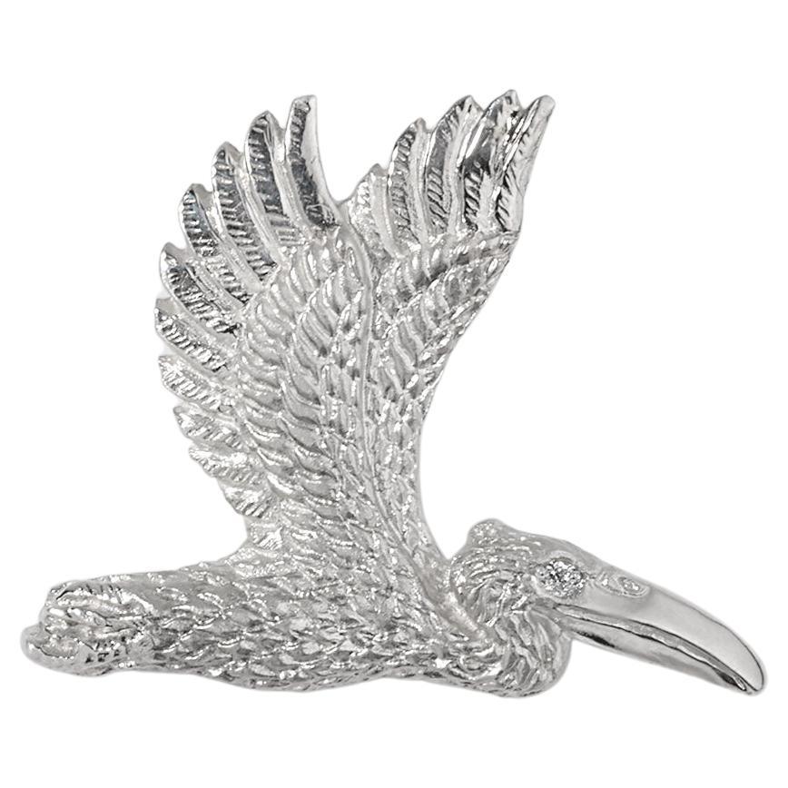 Detailed Sterling Silver Pelican Brooch Pin with Diamond Eye by Ashley Childs For Sale