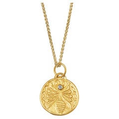 24Kt Solid Gold, Ancient Bee Coin Charm Pendant Necklace with Diamond