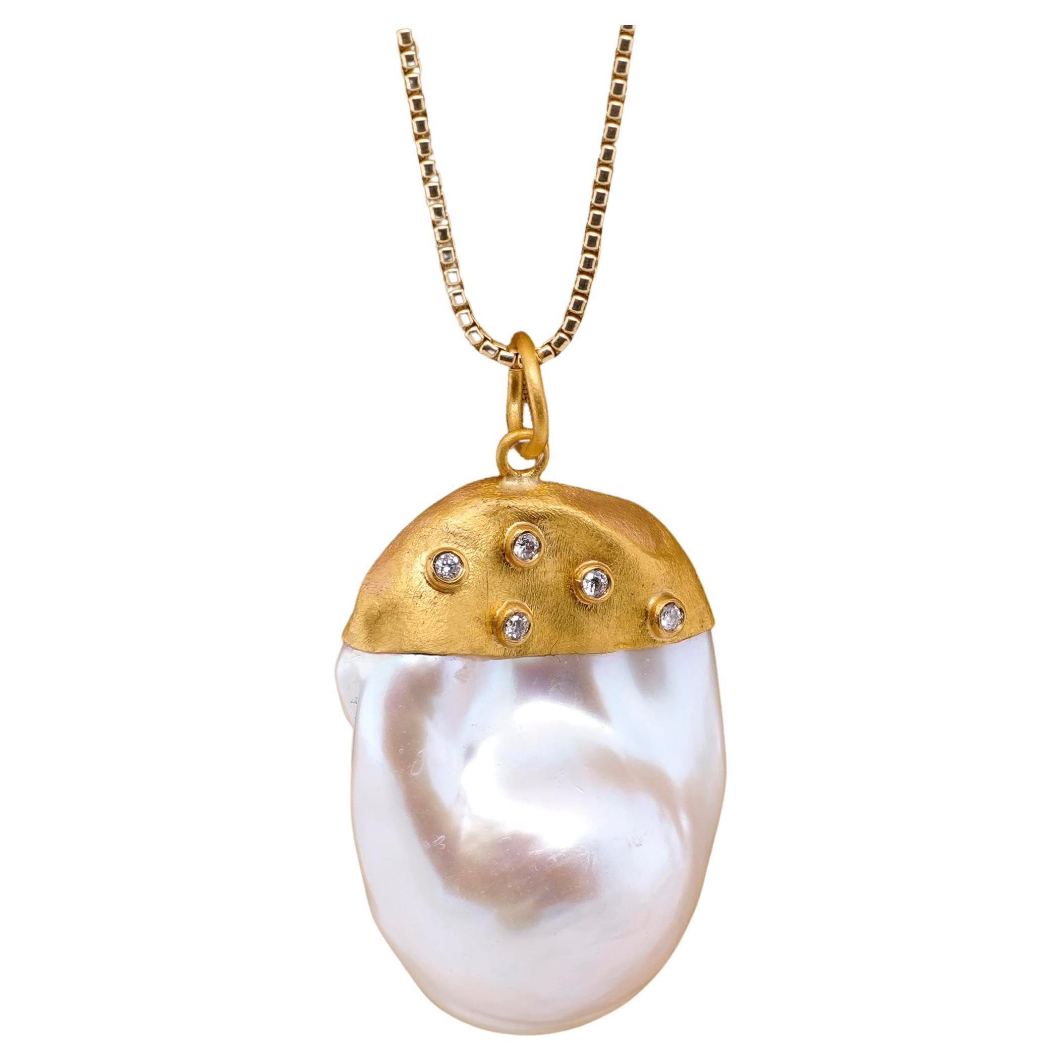 Large, 64ct Baroque Pearl Pendant Necklace with Diamonds, 24kt Solid Gold For Sale