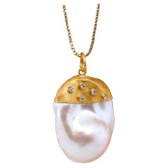 Large, 64ct Baroque Pearl Pendant Necklace with Diamonds, 24kt Solid Gold