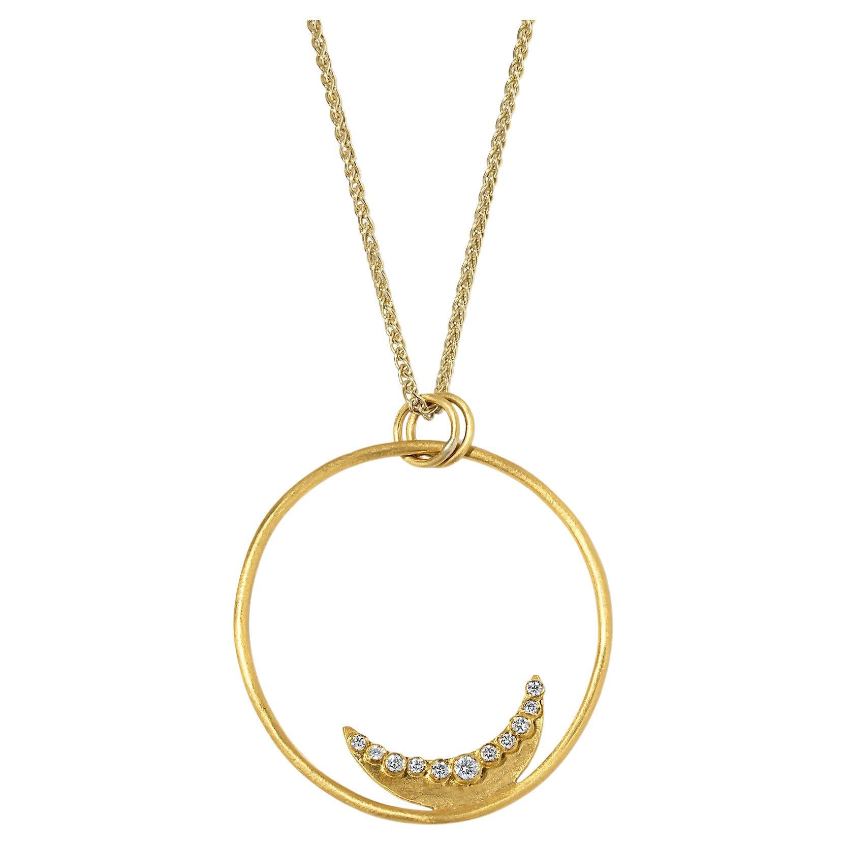 Half Moon Solid 24kt Yellow Gold Pendant Necklace with Diamonds For Sale