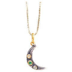 Half Moon with Emerald and Diamonds, Charm Pendant Necklace, 24kt Gold & Silver