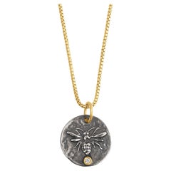 Queen Bee, Pendant Necklace Charm Coin Amulet with Diamond, 24kt Gold and Silver