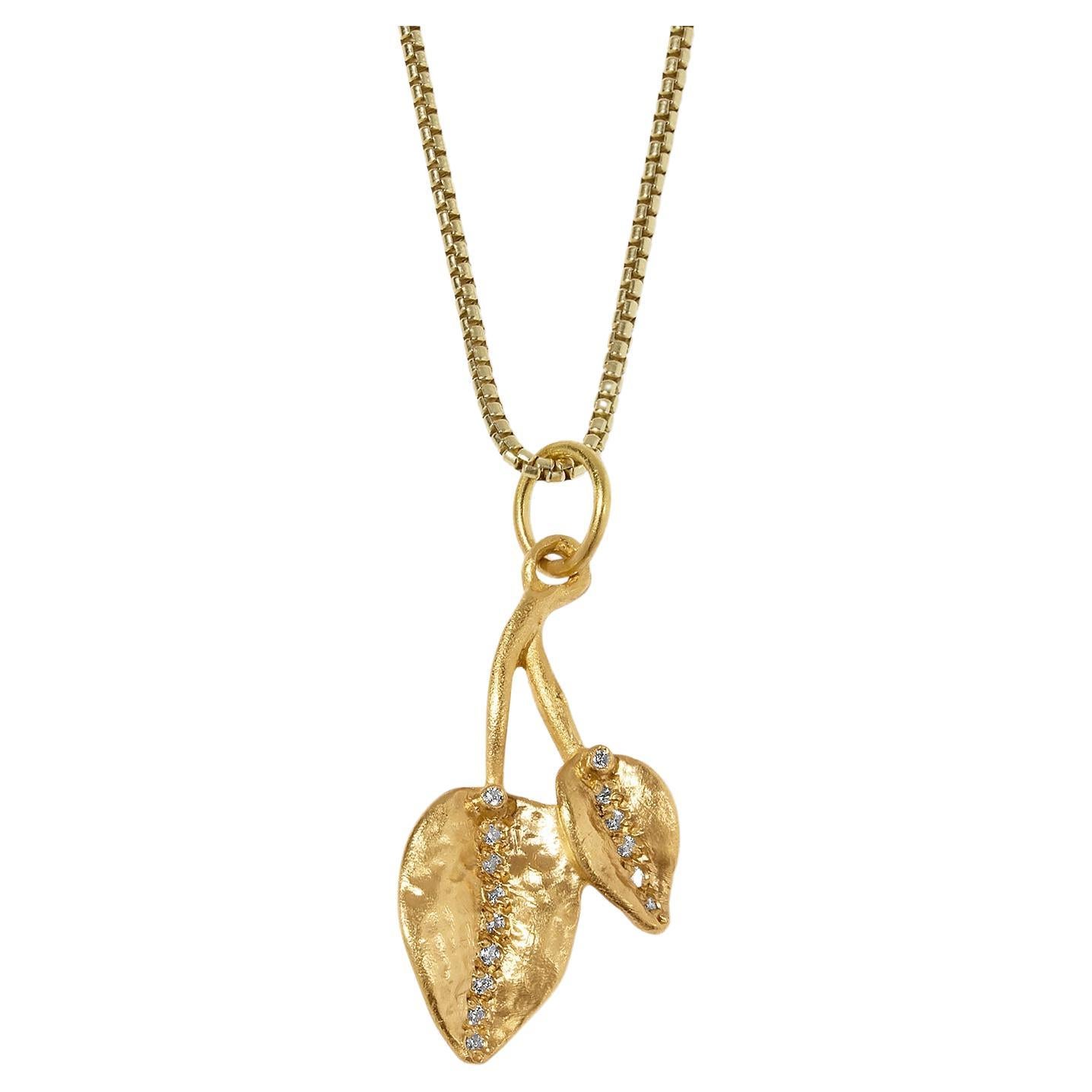 Greek Leaves, Double Leaf Charm Pendant Necklace with Diamonds, 24kt Solid Gold For Sale