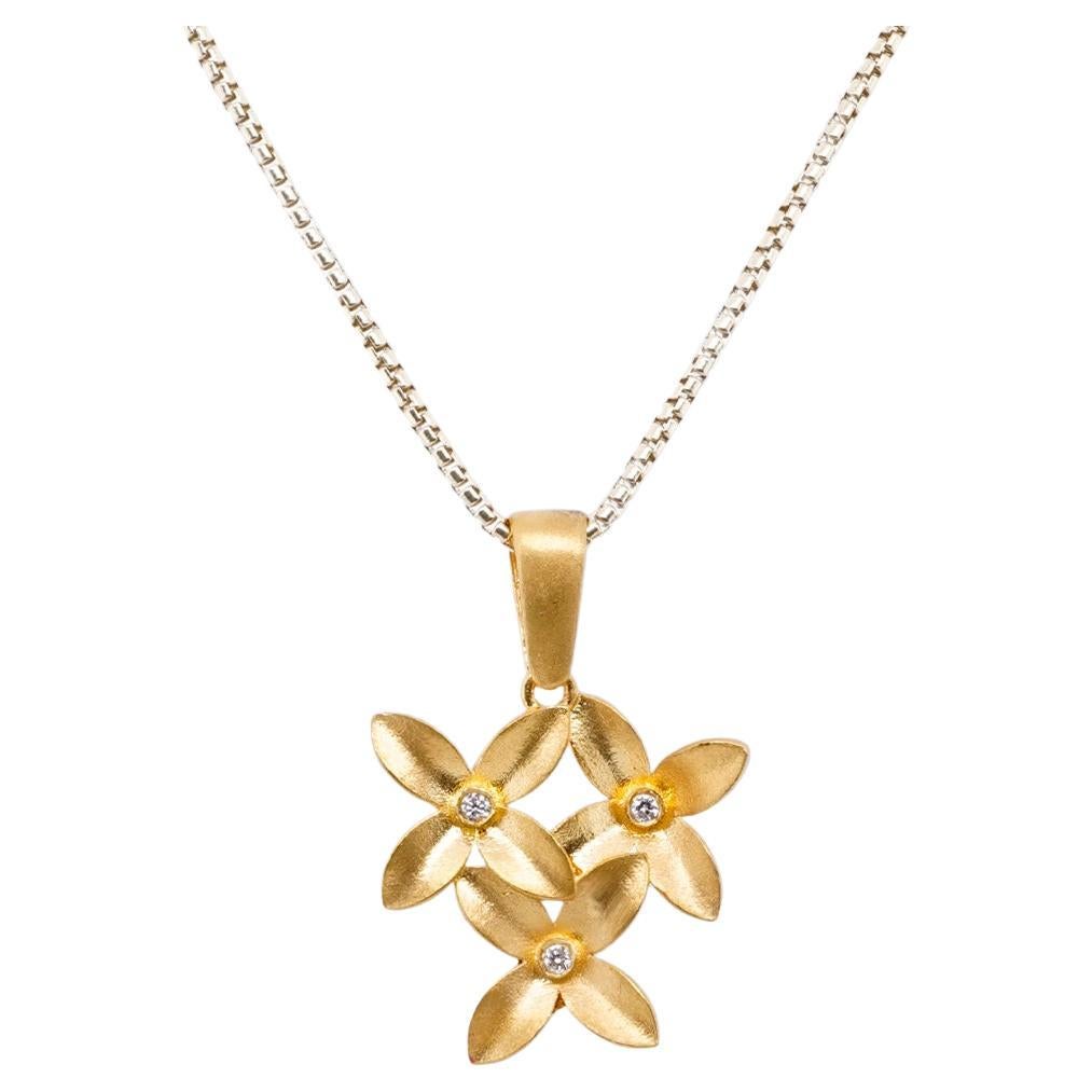 Triple Four-Petal Flower Charm Pendant Necklace with Diamonds, 24kt Solid Gold