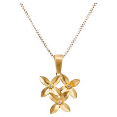 Triple Four-Petal Flower Charm Pendant Necklace with Diamonds, 24kt Solid Gold