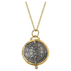 Medium, Ancient Turtle Coin Charm Amulet Pendant Necklace with Diamond, 24kt Gol