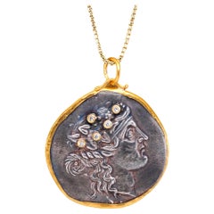 Large, Ancient Greek Goddess Coin Replica W/ Diamonds in Hair, Pendant Necklace