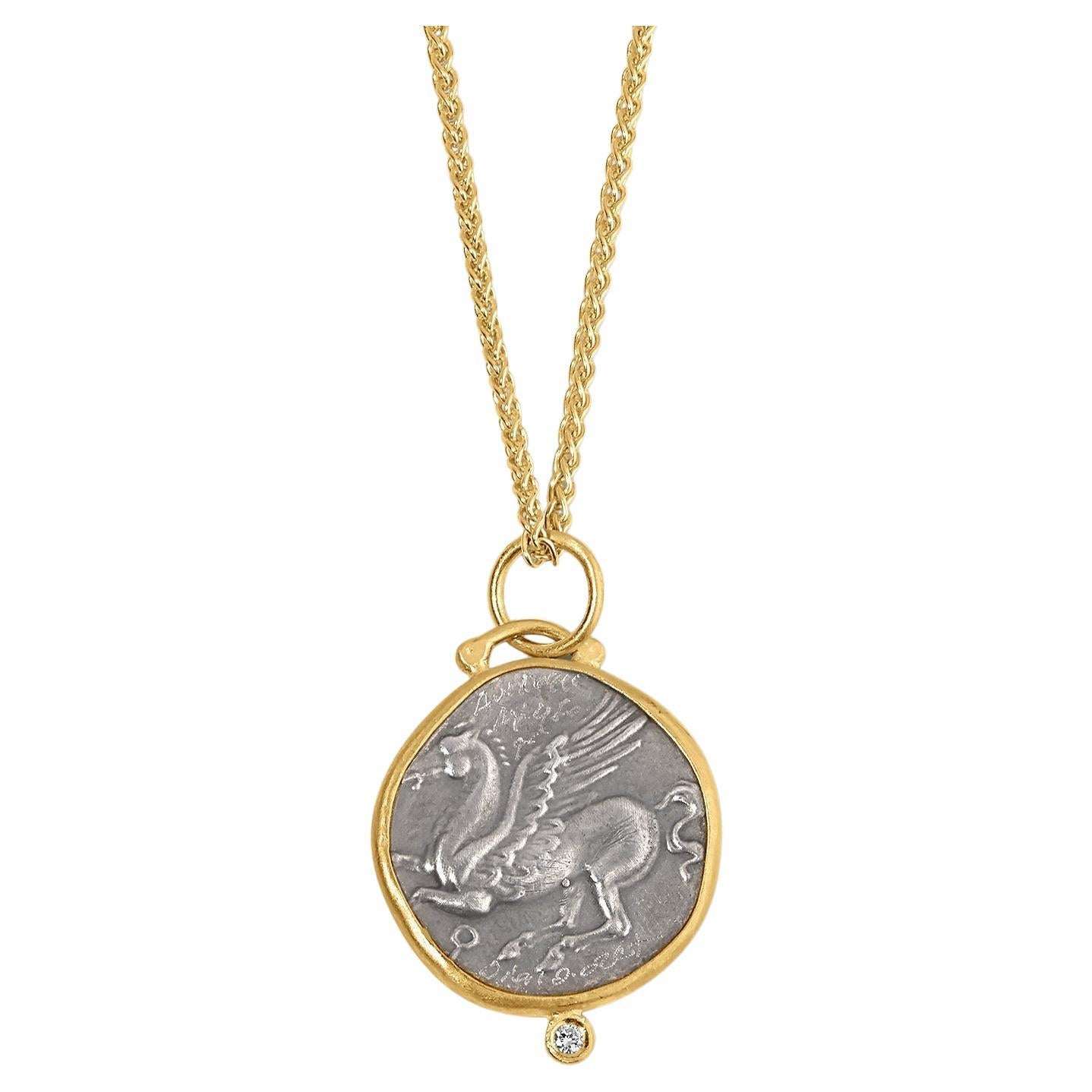 Medium Pegasus Charm Pendant Necklace with Athena on Back and Diamond, 24kt Gold