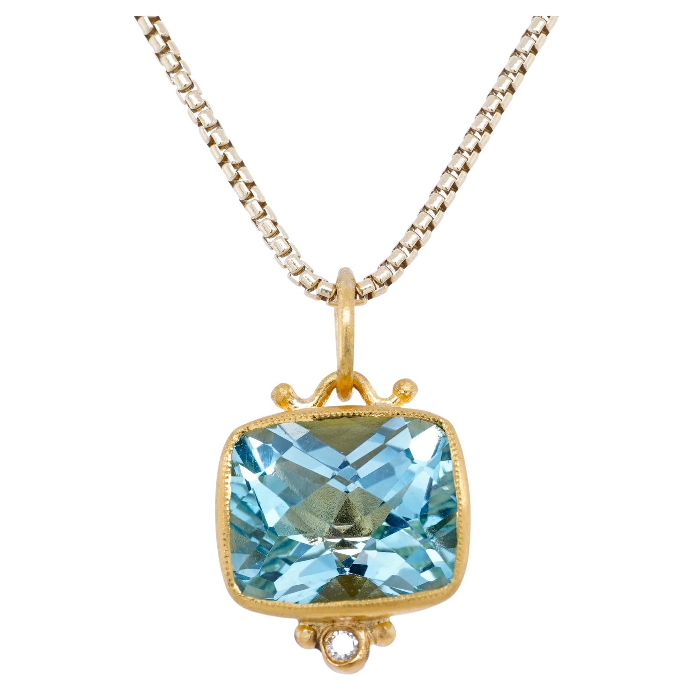 Faceted Checkerboard Bright Blue Topaz Pendant, 24K Solid Gold Necklace Pendant
