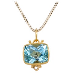 Pendentif en topaze bleue brillante en damier facetté, pendentif pour collier en or massif 24K