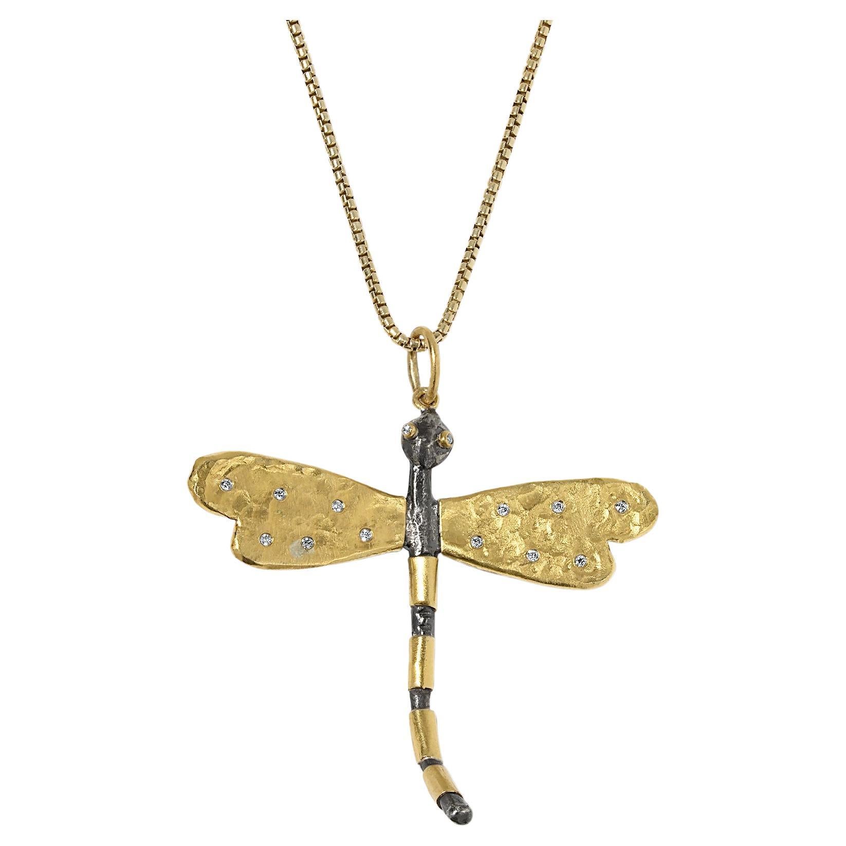 Large, Dragonfly Charm Pendant Necklace with Diamonds, 24kt Gold and Silver For Sale